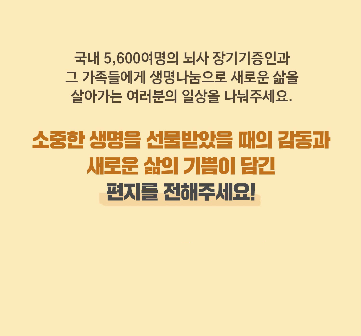 국내 5,600여명의 뇌사 장기기증인과 그 가족들에게 생명나눔으로 새로운 삶을 살아가는 여러분의 일상을 나눠주세요. / 소중한 생명을 선물받았을 때의 감동과 새로운 삶의 기쁨이 담긴 편지를 전해주세요!